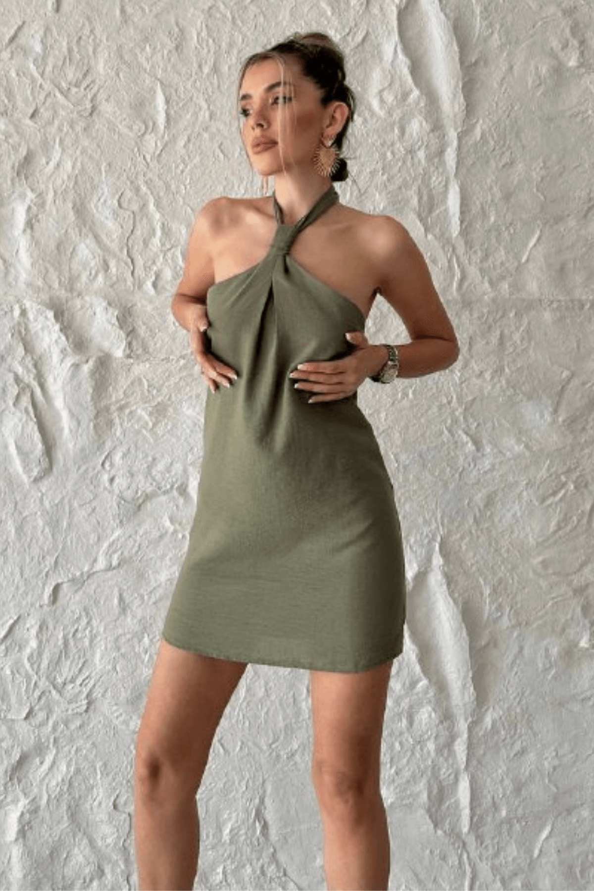 Halter Neck Linen Dress Green / M Halter Neck Linen Dress Green / M