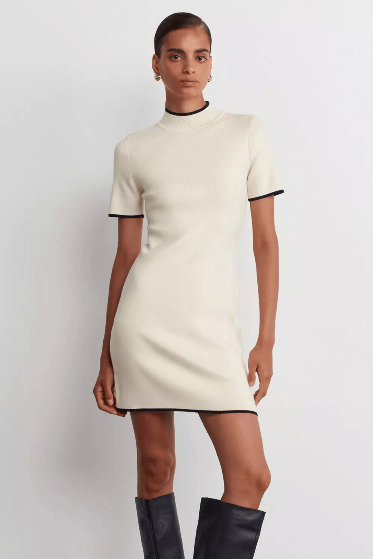 high neck knit mini dress boohoo Women's Roll Neck Chunky Knit Mini Dress in Grey