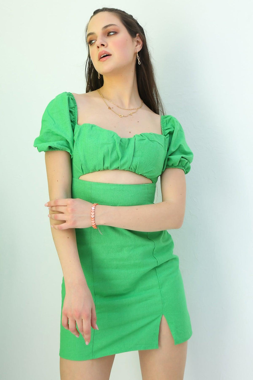 green cut out mini dress Clara Collared Cut Out Mini Dress In Grass