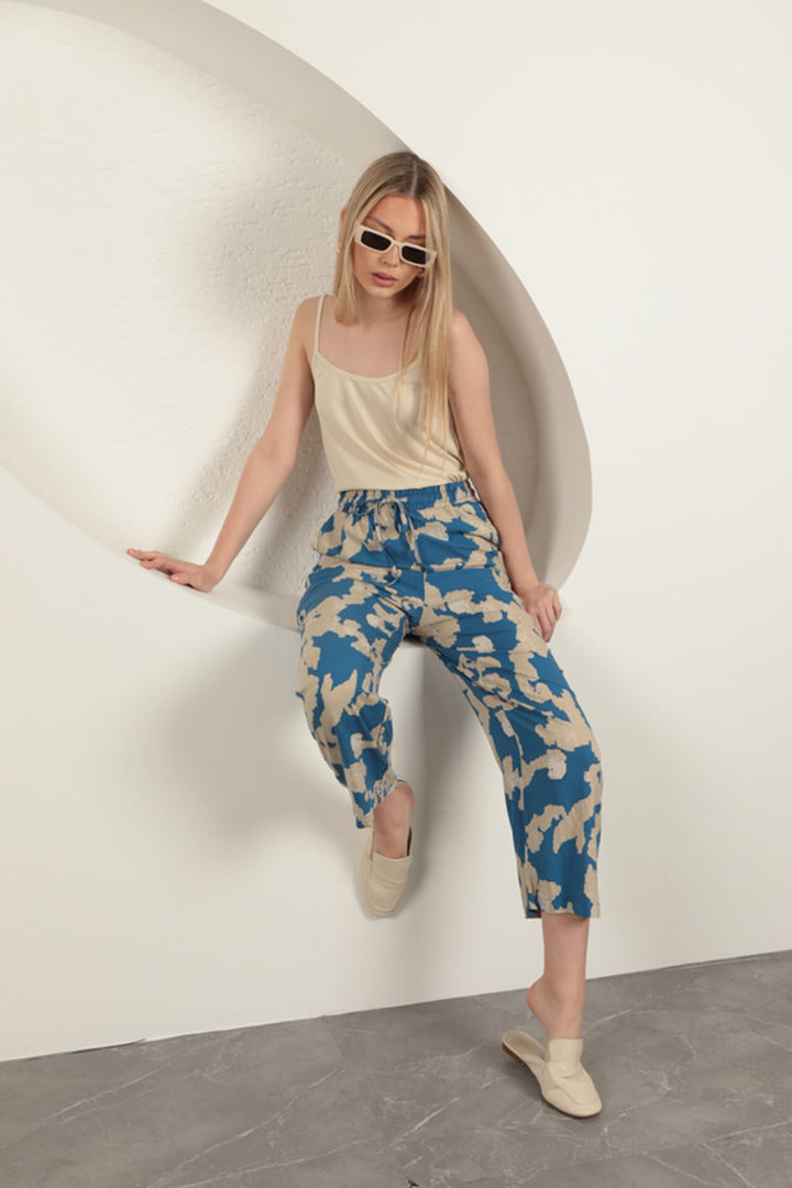 Abstract Beige Patterned Blue Relaxed Fit Pants - 9Teen Boutique