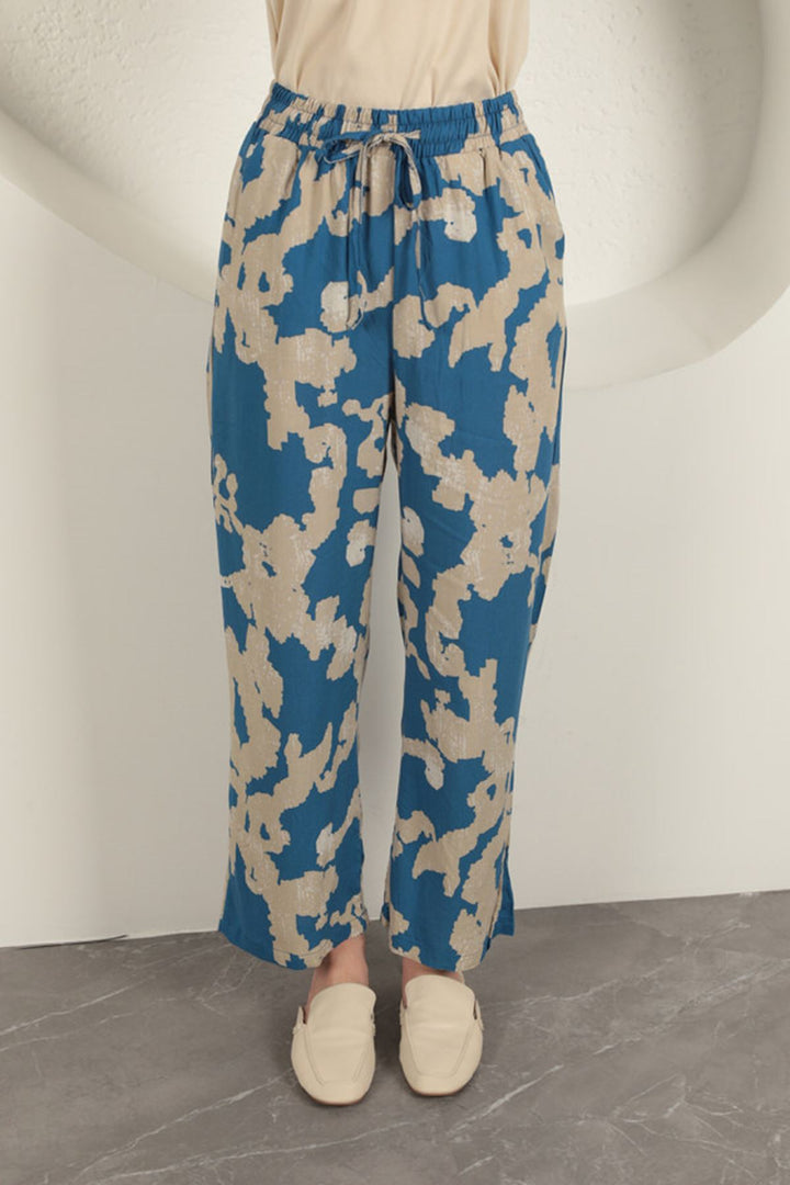 Abstract Beige Patterned Blue Relaxed Fit Pants - 9Teen Boutique