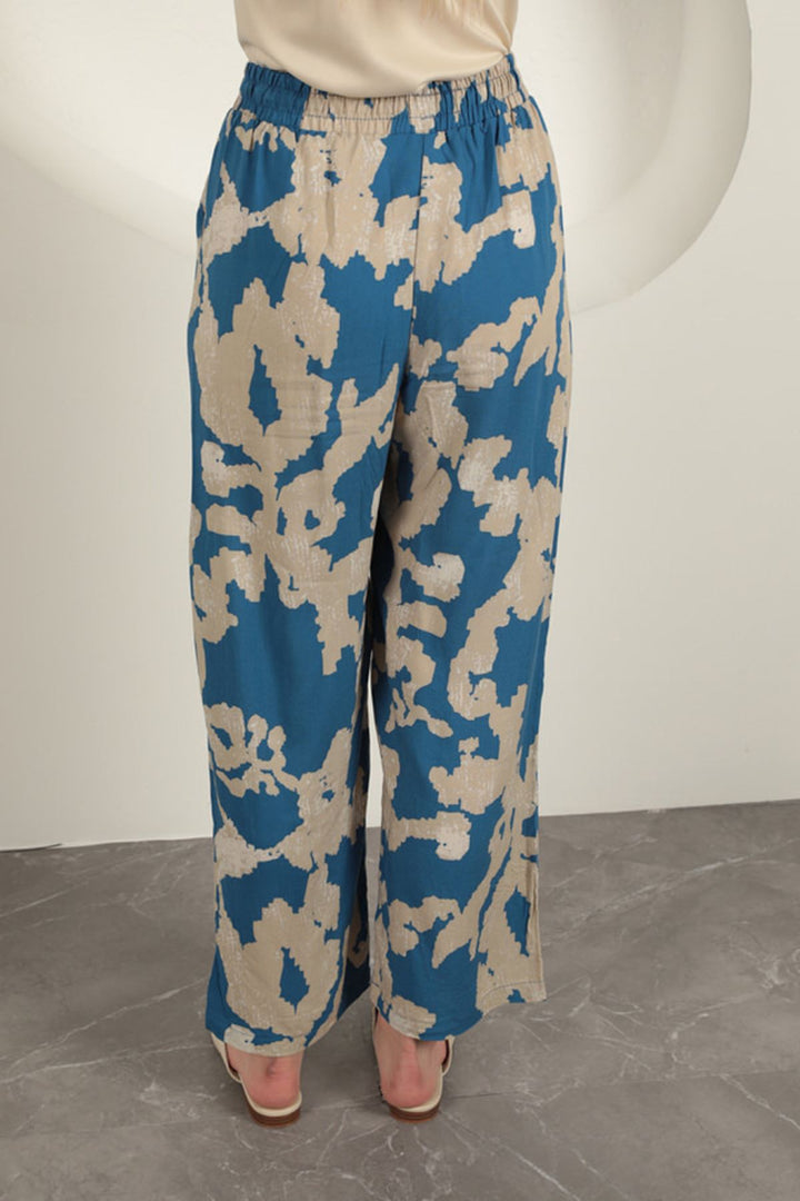 Abstract Beige Patterned Blue Relaxed Fit Pants - 9Teen Boutique