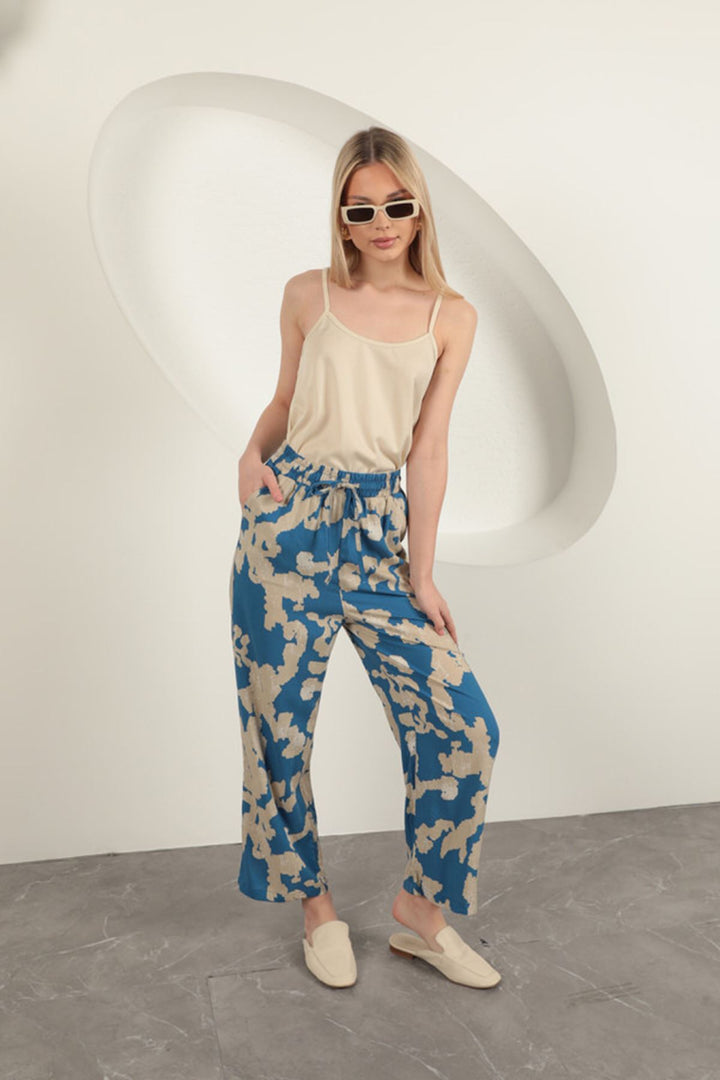 Abstract Beige Patterned Blue Relaxed Fit Pants - 9Teen Boutique