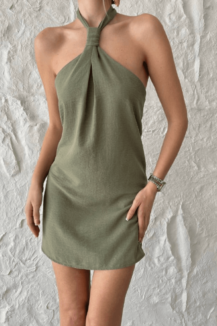 Halter Neck Linen Dress Green / M Halter Neck Linen Dress Green / M