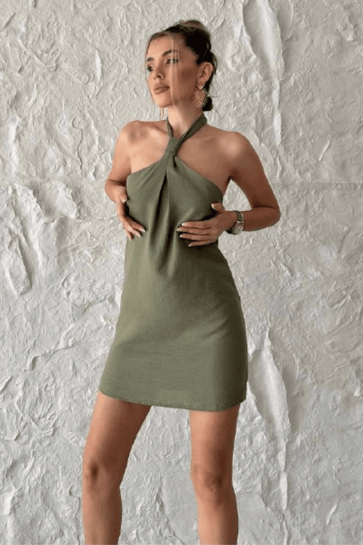 Halter Neck Linen Dress Green / M Halter Neck Linen Dress Green / M