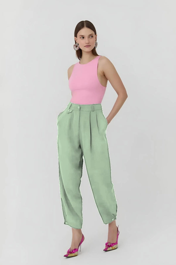 High Waist Pants with Buttoned Cuffs