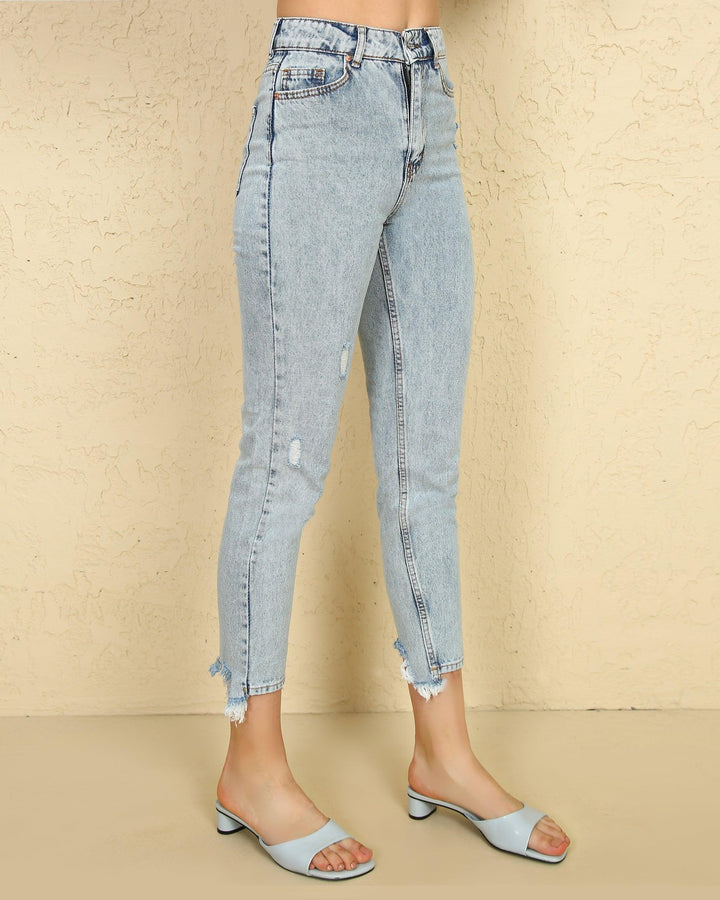 Snow Wash Rip Bottom Mom Jeans - 9Teen Boutique